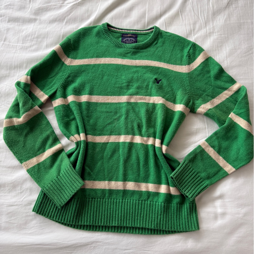 Green and Cream Striped Sweater